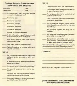 1988 Security On Campus 'College Security Questionnaire' brochure created by Howard and Connie Clery