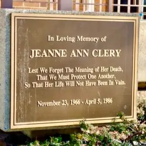 Bronze memorial plaque for Jeanne Ann Clery at Lehigh University, inscribed: 'Lest We Forget The Meaning of Her Death, That We Must Protect One Another, So That Her Life Will Not Have Been In Vain.' (November 23, 1966 – April 5, 1986)